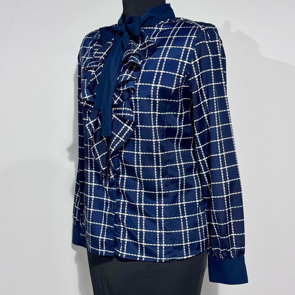 Navy & White Plaid Pattern Ruffle Flounce Blouse, size Medium - Picture 2 of 8